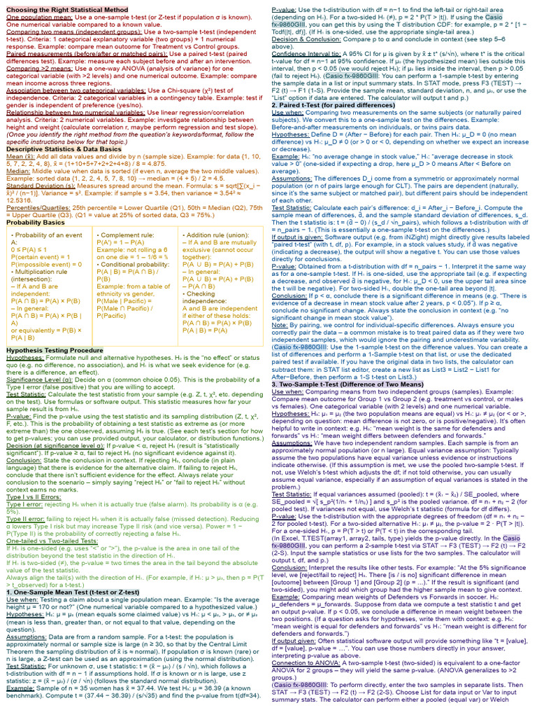 Selecting Statistical Tests Guide | PDF | Student's T Test | P Value