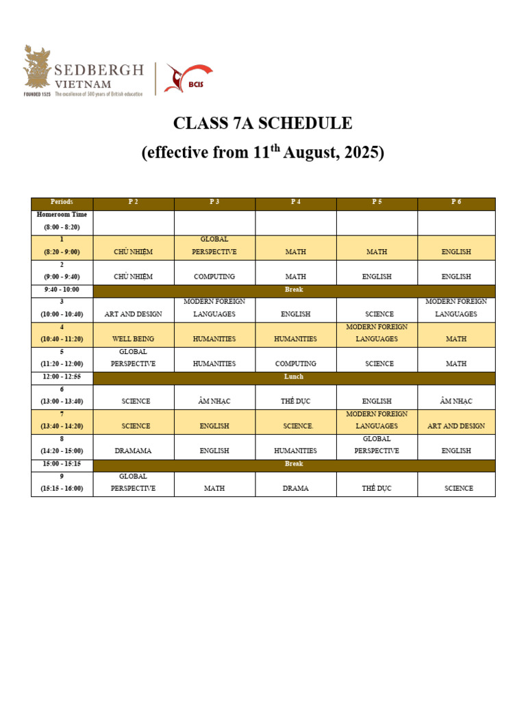 Class 7A Timetable Year 2025 - 2026 | PDF