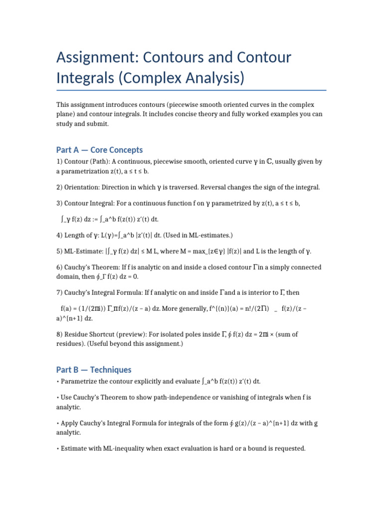 Contours And Contour Integrals Assignment Pdf Mathematical Analysis