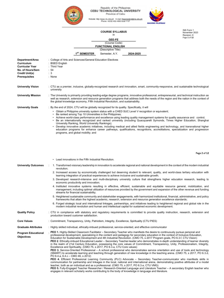 Gee-Fe Course Syllabus Copy 2 | PDF | Teachers | Learning