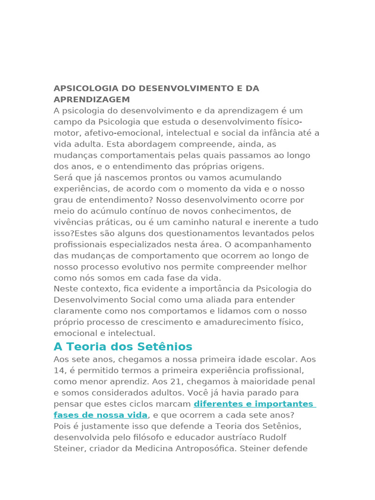 Psicologia do Desenvolvimento e Aprendizagem | PDF | Aprendizado ...