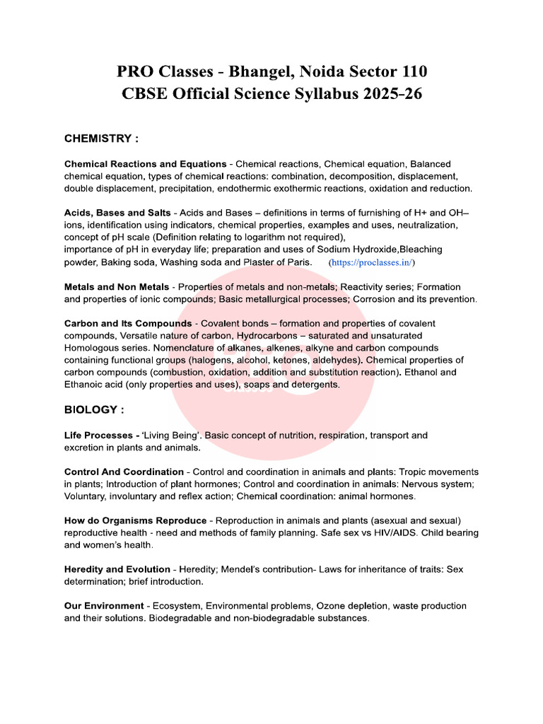 CBSE Official Science Syllabus 2025-26 PRO Classes | PDF
