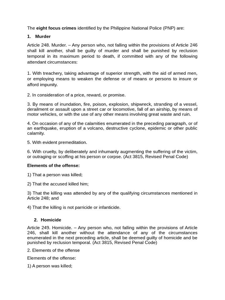 Overview of PNP's Eight Focus Crimes | PDF | Crimes | Crime & Violence