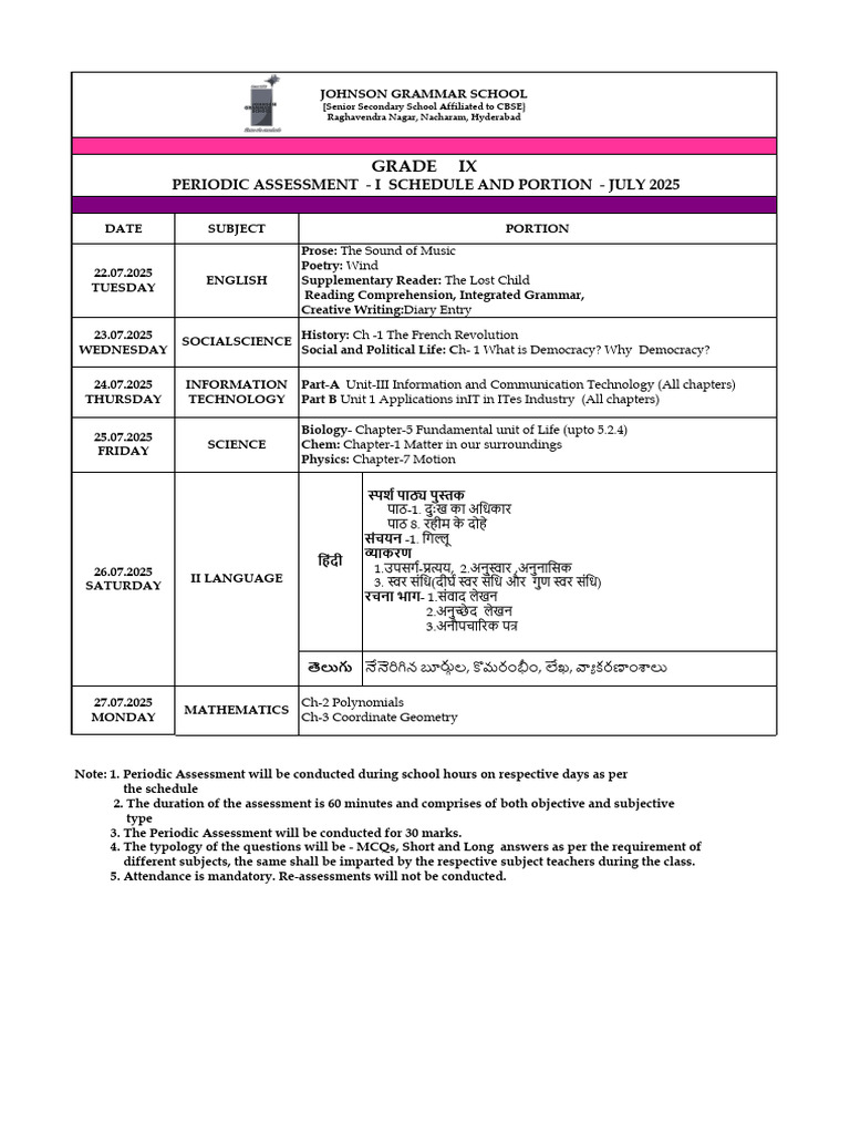 Parent Portalperiodic Assessment Schedule Portion - Grade - 9 | PDF