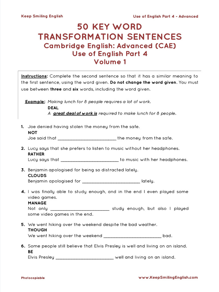 PDF 50 Key Word Transformation Sentences Cambridge English Advanced Cae ...
