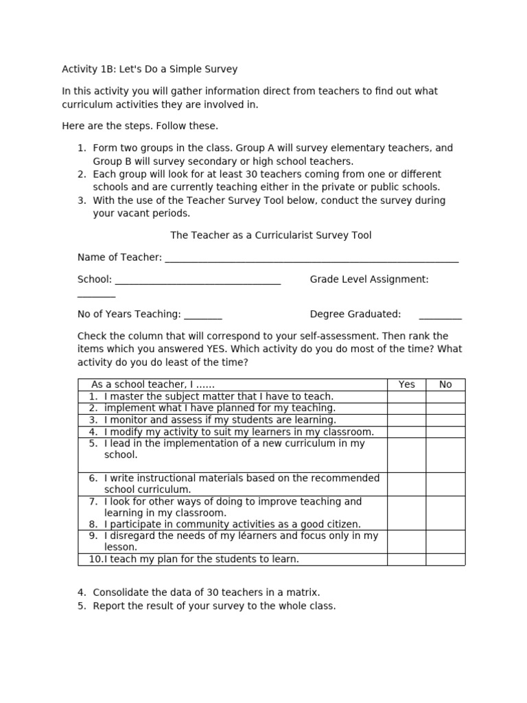 Teacher Curriculum Activity Survey Guide | PDF