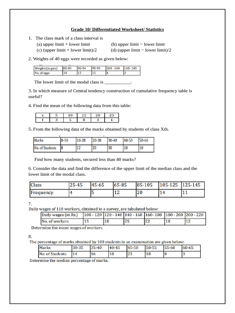 Grade 10 Statistics Worksheet | PDF