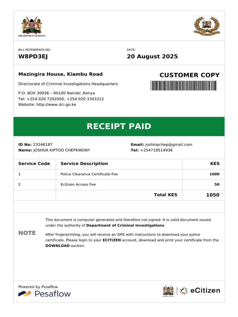 Police Clearance Certificate Receipt | PDF