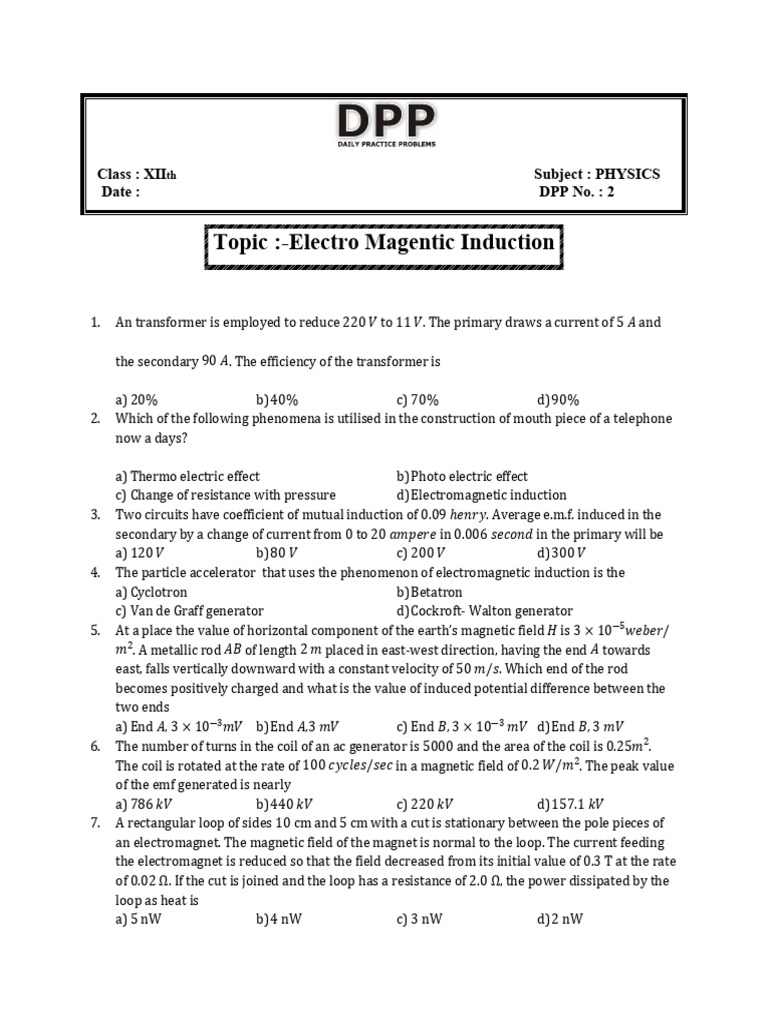 Physics XII: Electromagnetic Induction Quiz | PDF | Inductance | Inductor