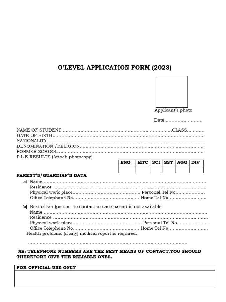 O'Level Application Form 2023 | PDF