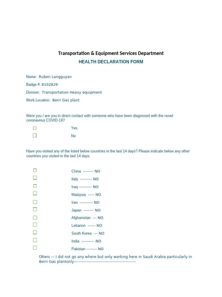 Health Declaration Form for COVID-19 | PDF