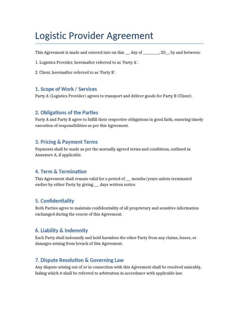 Logistic Provider Agreement | PDF