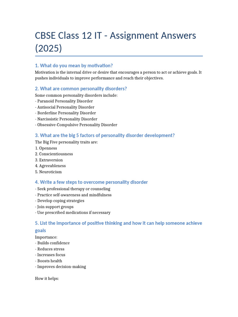 CBSE Class 12 IT Assignment Solutions | PDF | Spreadsheet | Personality ...