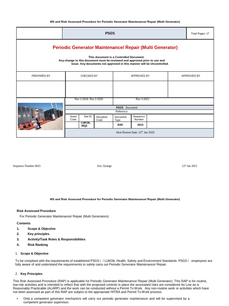 Generator Maintenance Risk Assessment Guide | PDF | Personal Protective ...