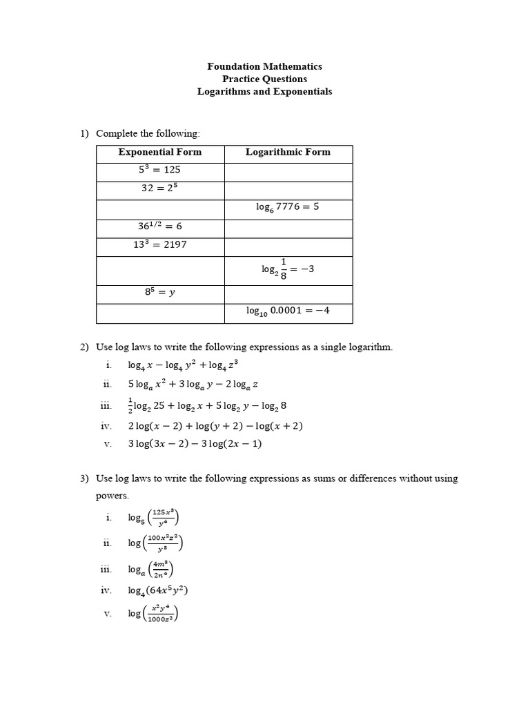 Logarithms and Exponential Practice | PDF | Logarithm | Mathematics
