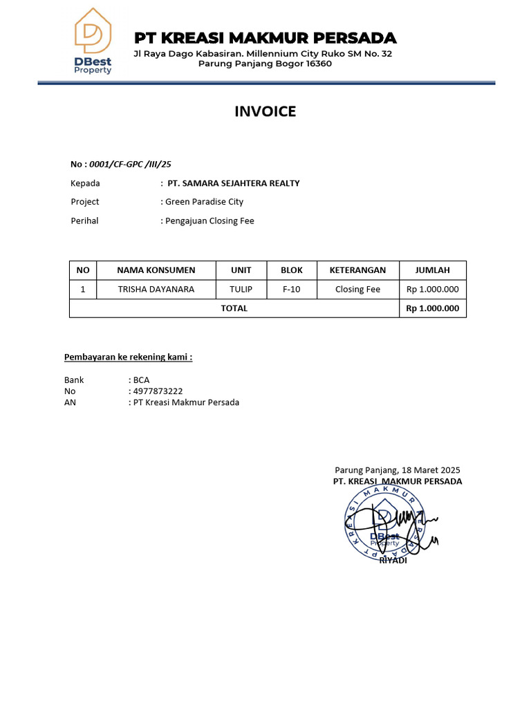 Invoice Closing Fee PT Kreasi Makmur | PDF