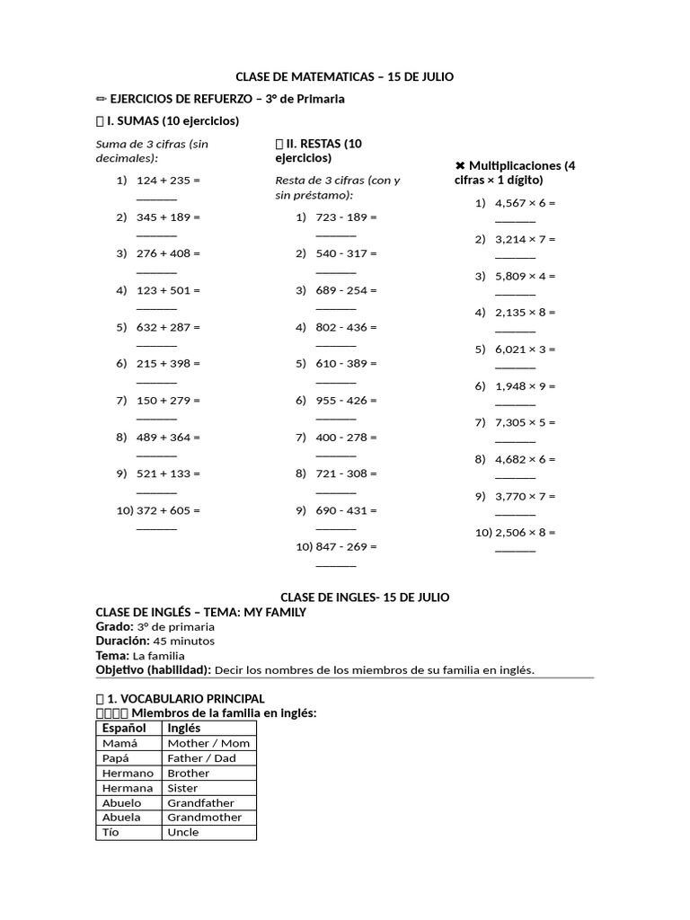 Ejercicios de Matemáticas y Lengua para 3° Primaria | PDF | Importar ...