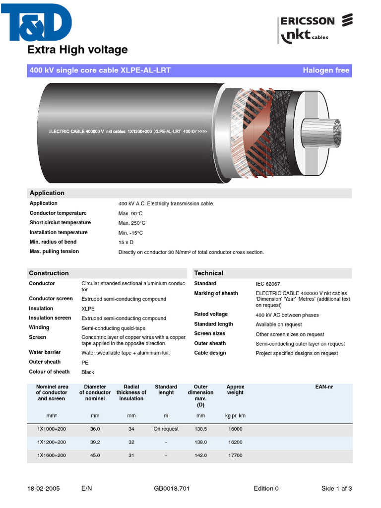 400 kV XLPE Single Core Cable Datasheet | PDF | Insulator (Electricity ...