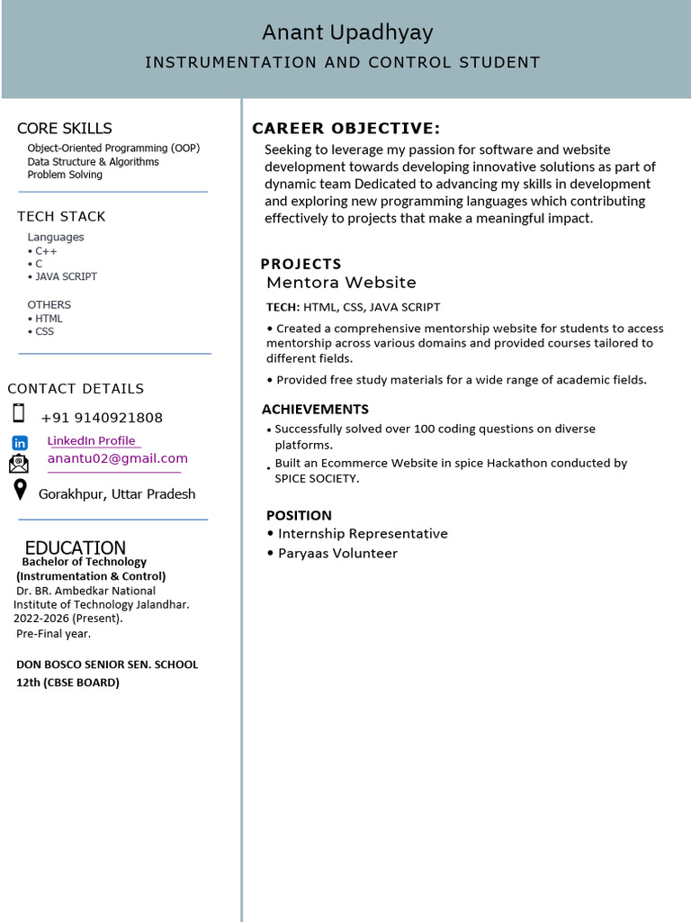 Anant Upadhyay: Instrumentation Student Profile | PDF