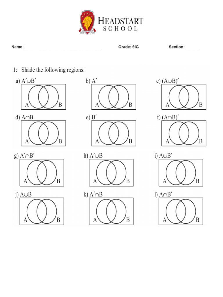 Venn Diagram Shading Worksheet | PDF