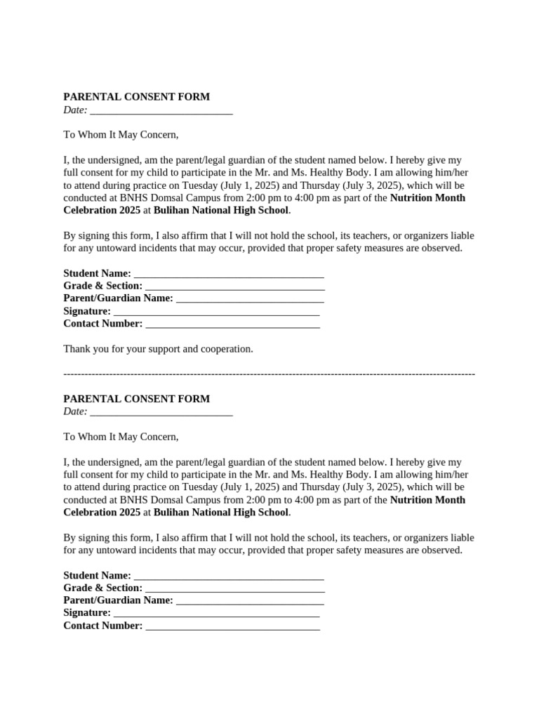 Parental Consent for School Event | PDF