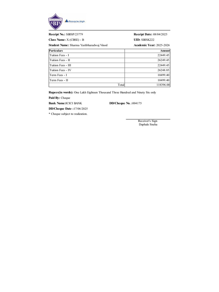 Receipt No.: Receipt Date: Class Name: Uid: Student Name: Academic Year ...