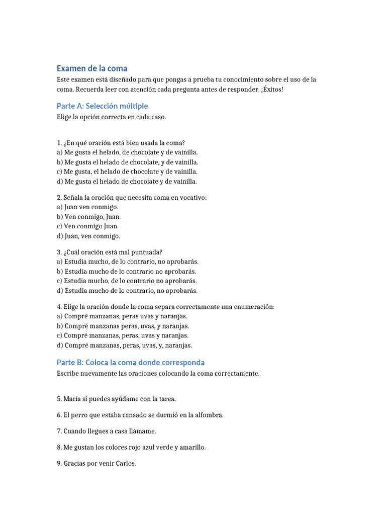 Examen sobre el uso de la coma | PDF