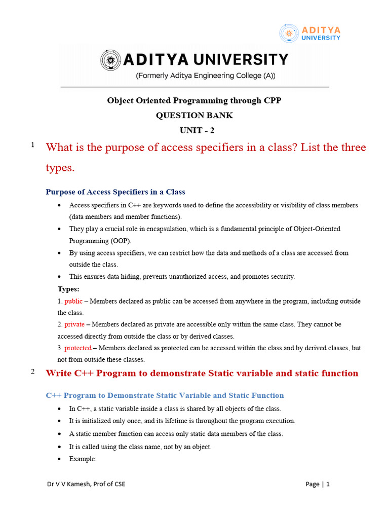 C++ Object-Oriented Programming Question Bank | PDF | Class (Computer ...