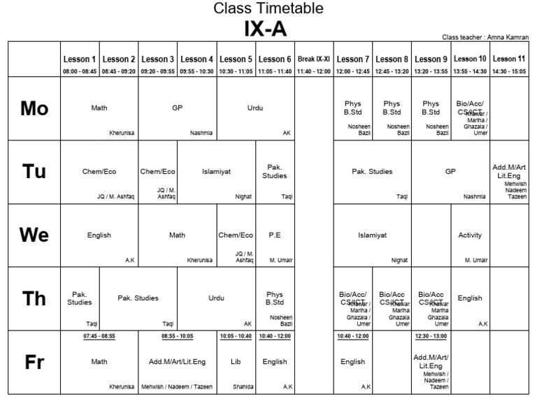 IX-A Class Timetable Overview | PDF