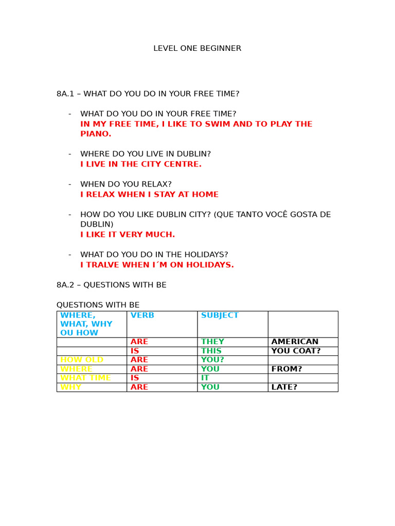 Beginner English: Free Time & Questions | PDF | Grammar | Linguistic ...