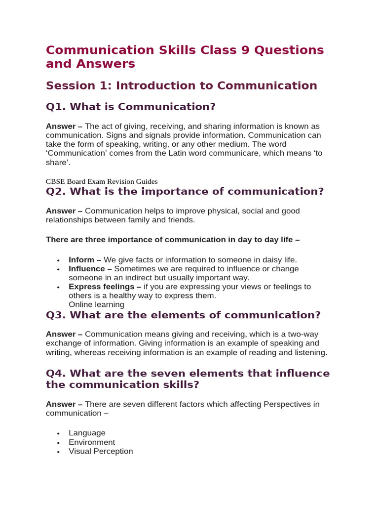 Class 9 Communication Skills Q&A | PDF | Verb | Communication