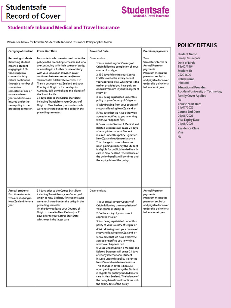 Studentsafe Inbound Medical and Travel Insurance: Policy Details | PDF ...