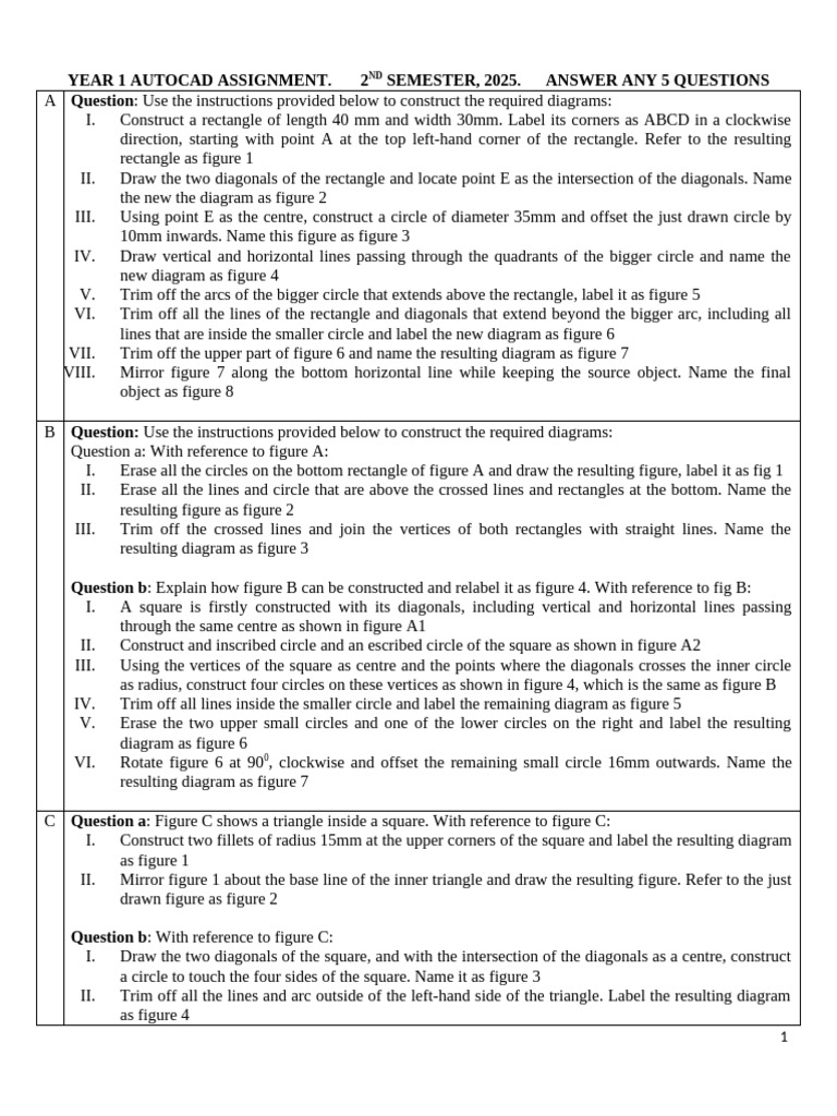 Year 1 AutoCAD Diagrams Assignment | PDF | Rectangle | Circle