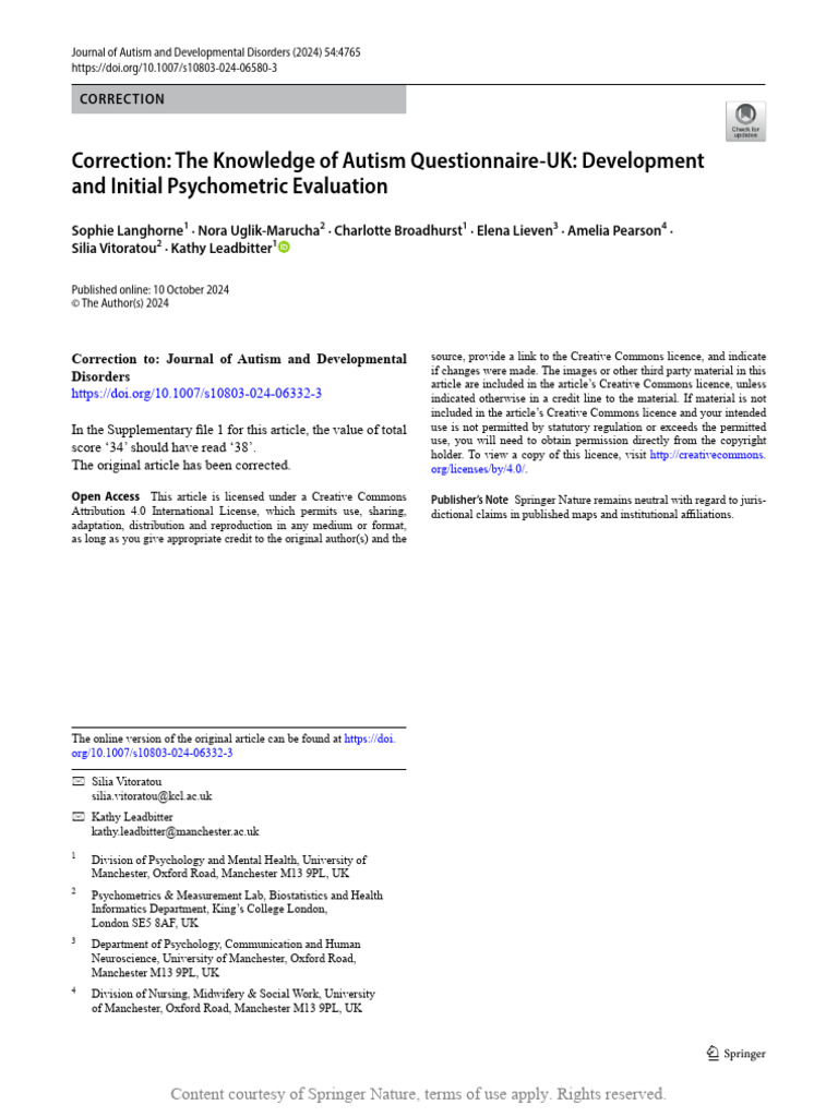 Correction The Knowledge of Autism Questionnaire-U | PDF | Creative ...