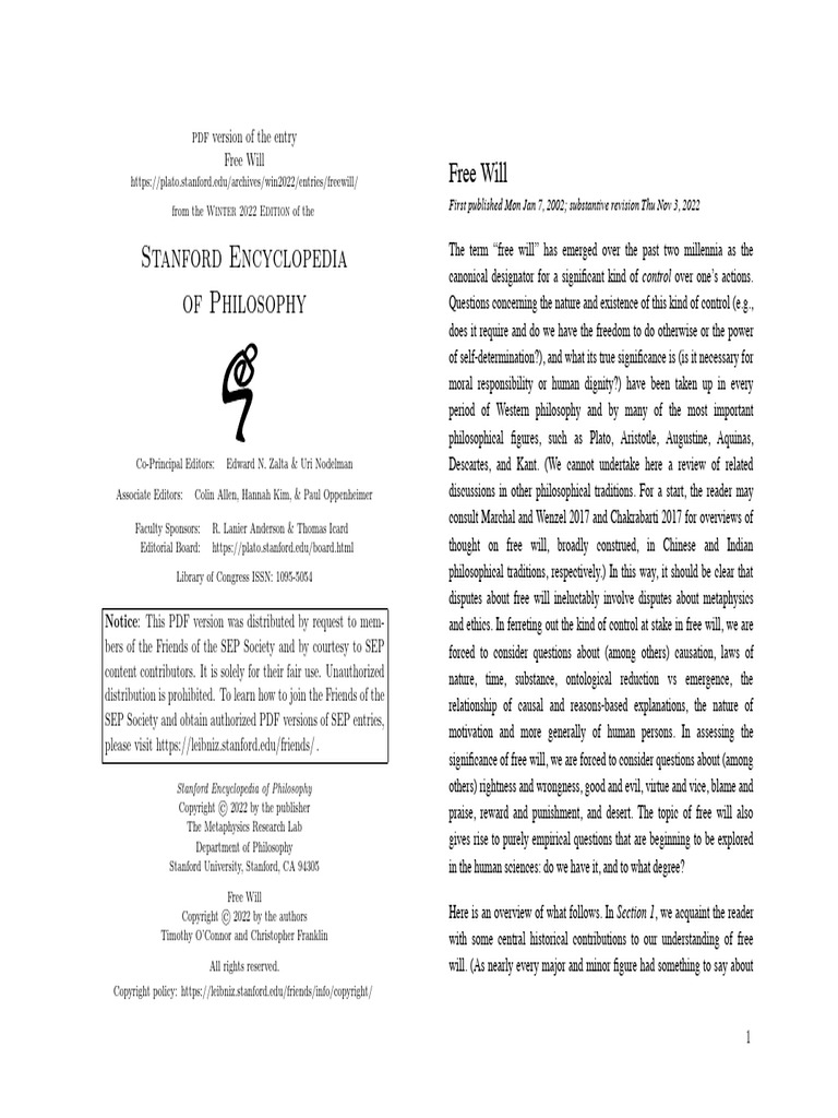 Stanford Freewill A4 | PDF | Free Will | Reason