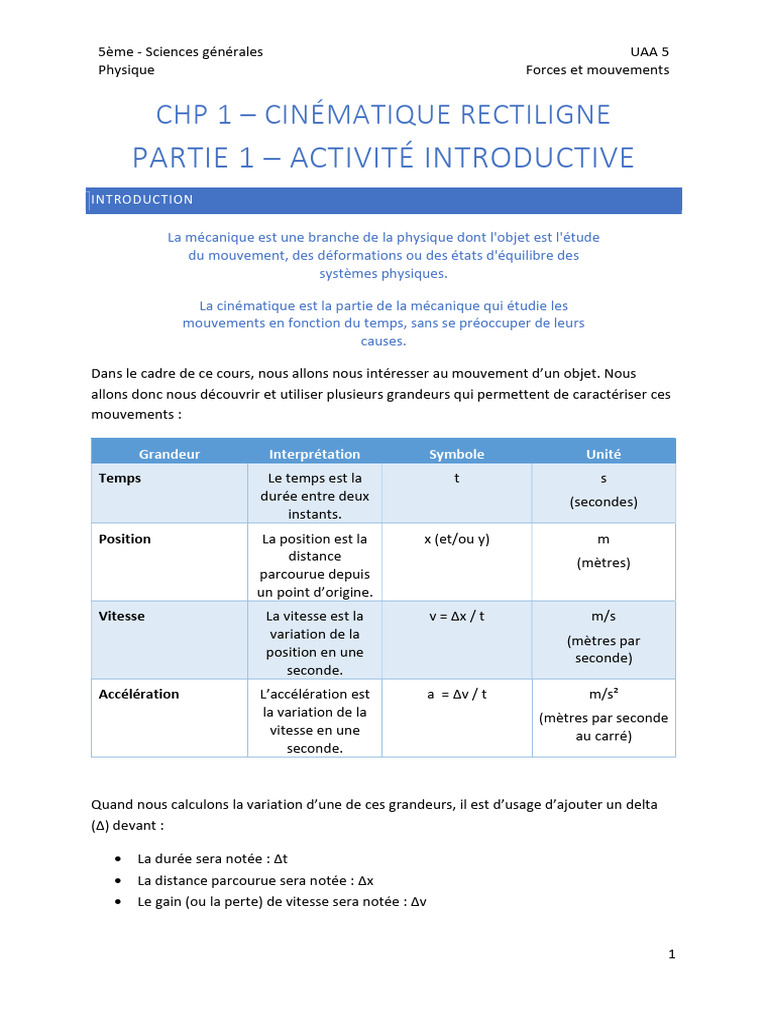 Cinématique rectiligne en 5ème | PDF | Accélération | Vitesse