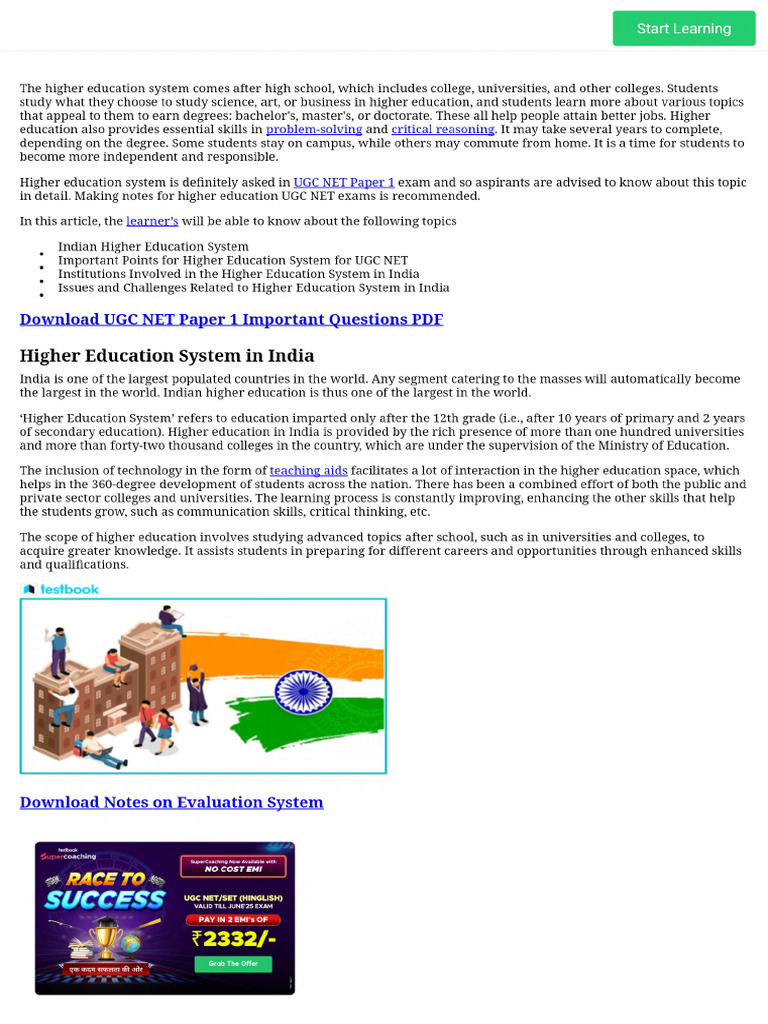 Higher Education System in India - UGC NET Paper 1 Notes & Material | PDF