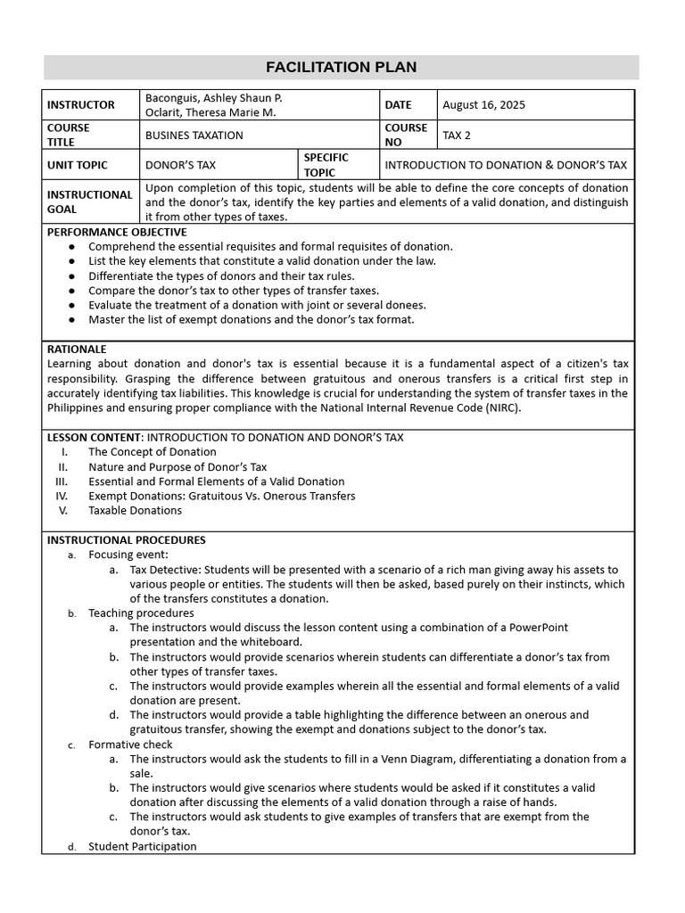 Donor's Tax Facilitation Plan | PDF | Taxes