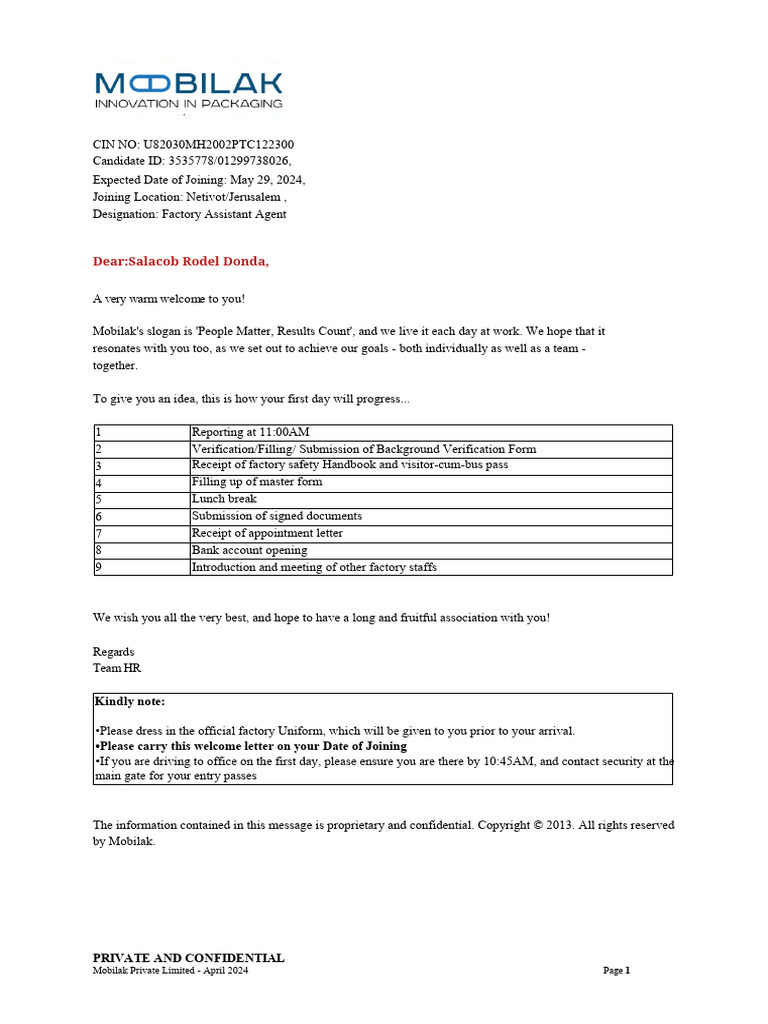 Employment Offer for Factory Assistant | PDF | Intellectual Property ...