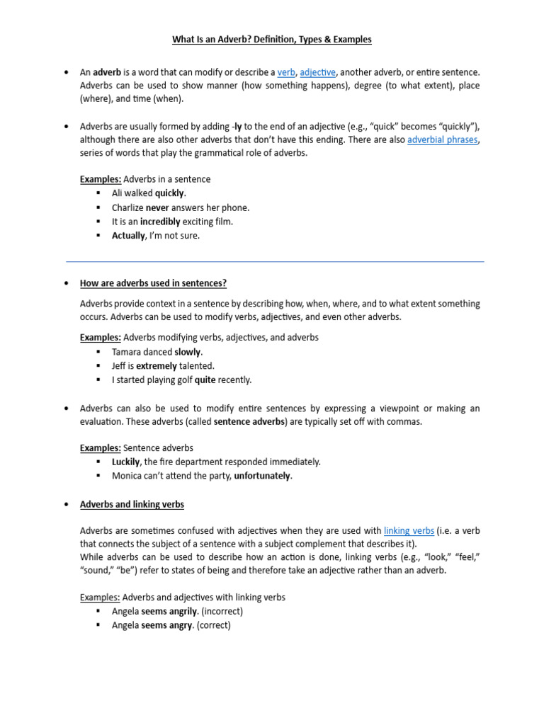 Understanding Adverbs: Types & Usage | PDF | Adverb | Verb
