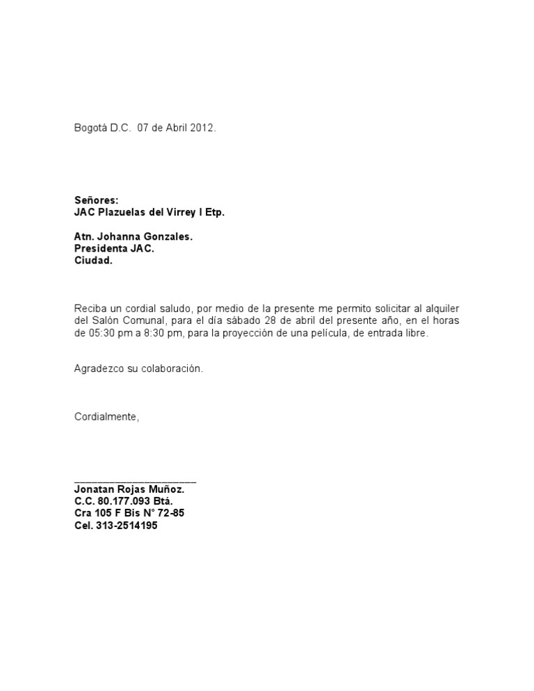 Carta Solicitud Alquiler Salon Comunal Pdf