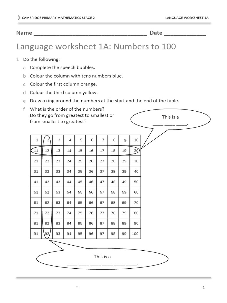 Cambridge Primary Math Worksheet 1A | PDF