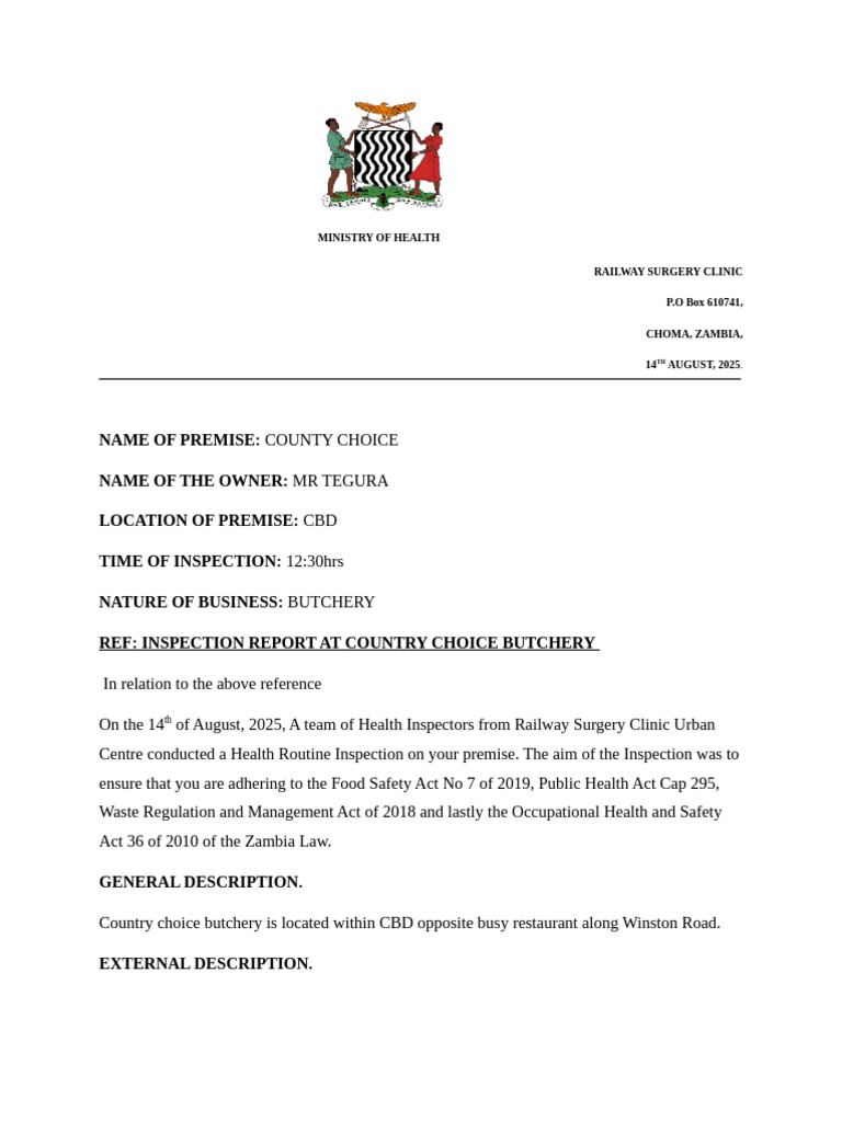Health Inspection Report for Butchery | PDF | Food Safety | Building ...