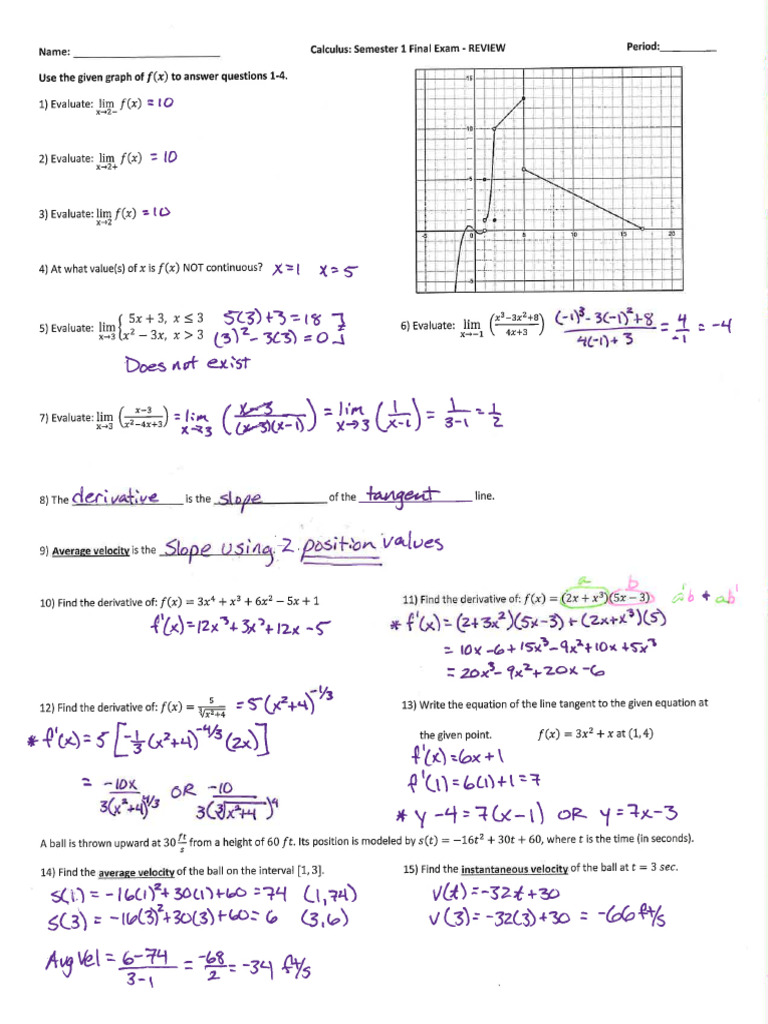 Calculus Semester 1 Exam - REVIEW (Complete) | PDF