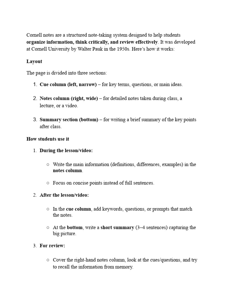 Cornell Notes: Structure and Usage | PDF