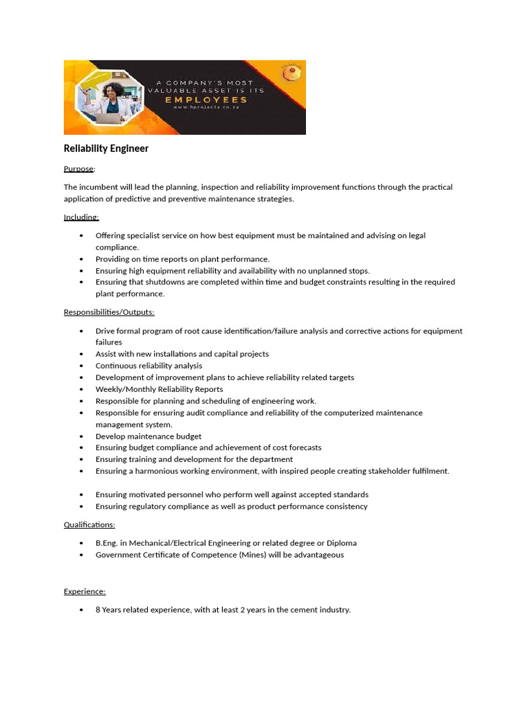 Reliability Engineer Job Description | PDF | Reliability Engineering ...
