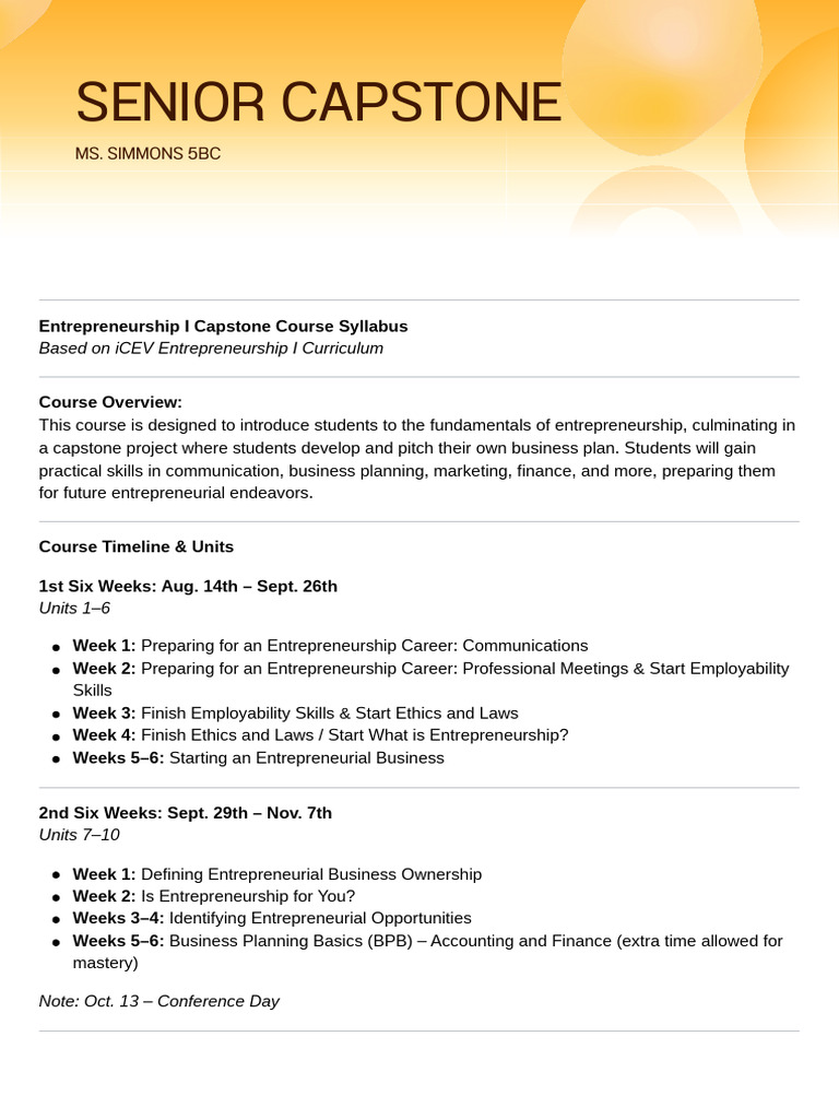 Entrepreneurship I Capstone Syllabus | PDF | Entrepreneurship