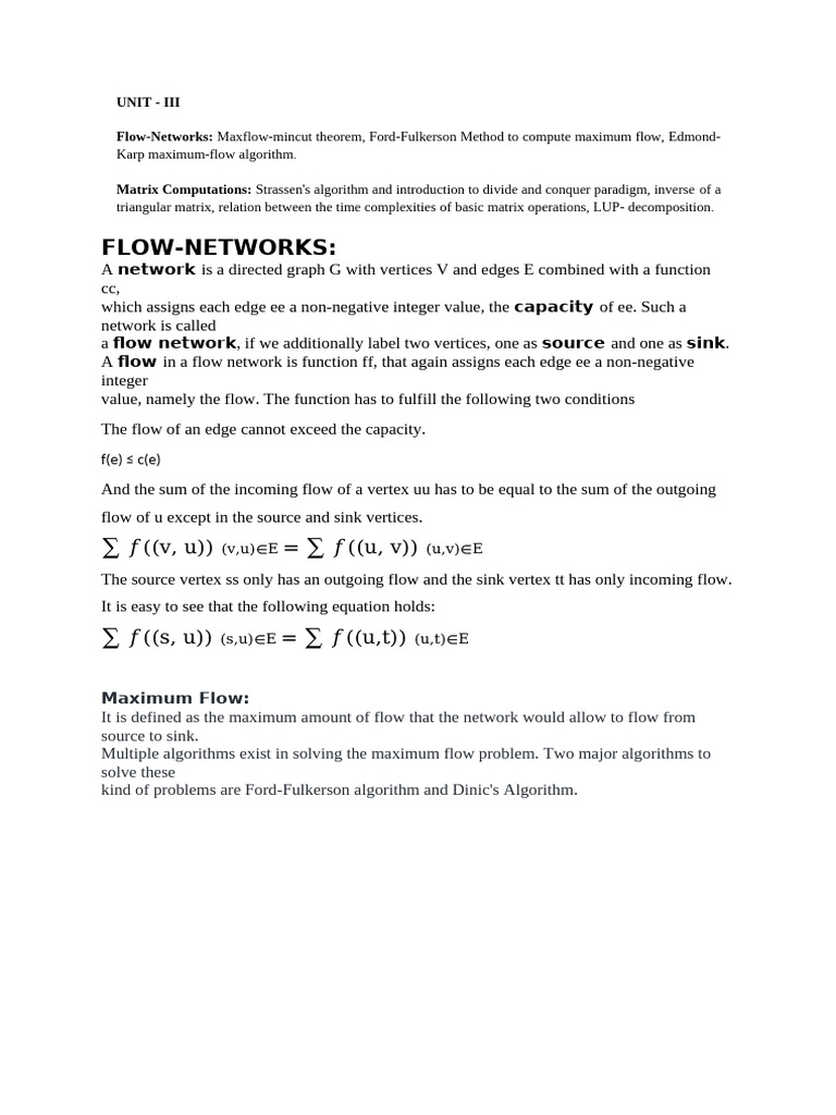 Flow Networks and Maximum Flow Algorithms | PDF