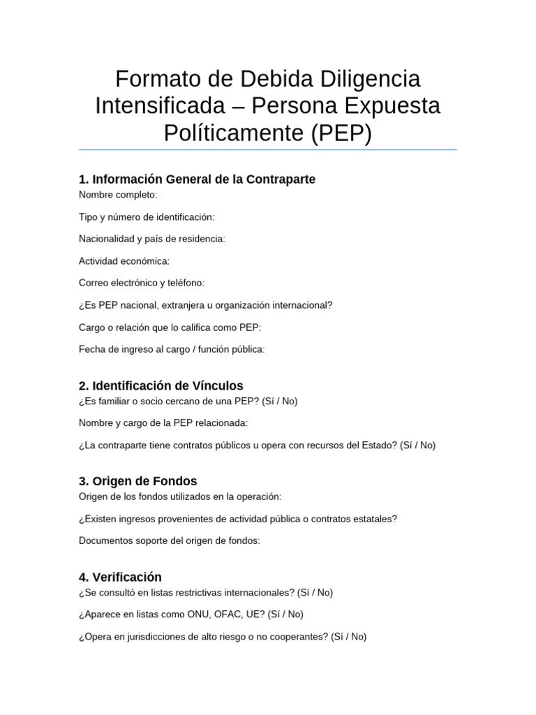 Debida Diligencia PEP: Formato y Guía | PDF