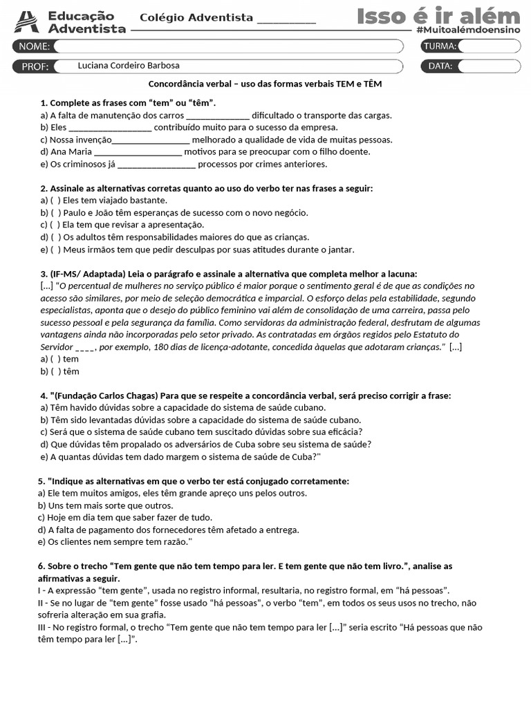 Concordância Verbal: Tem vs. Têm | PDF | Cuba | Estresse (Linguística)